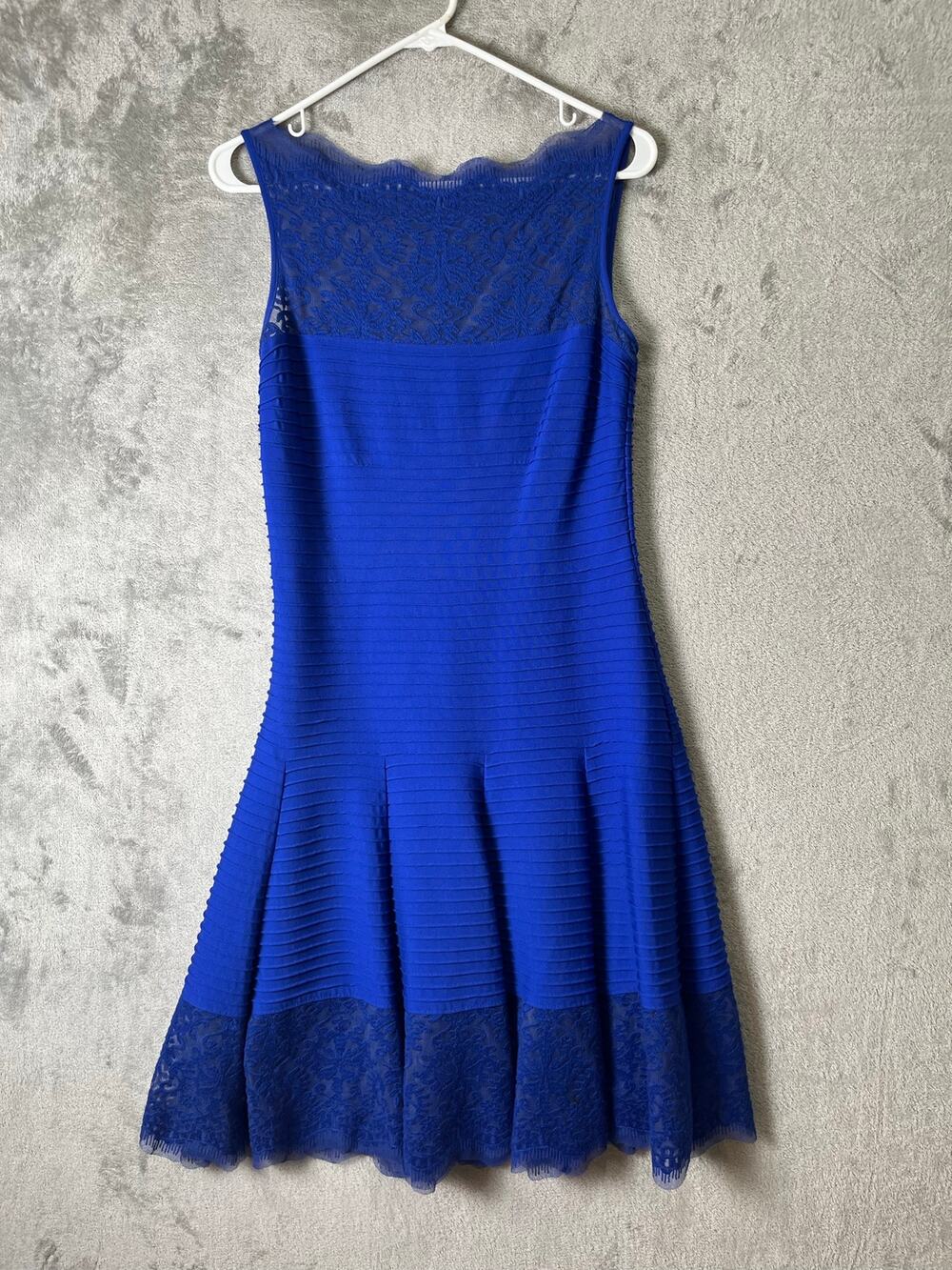 Tadashi Shoji Lace Fit Flare Midi Dress Blue Romantic Wedding Guest Luxe Small